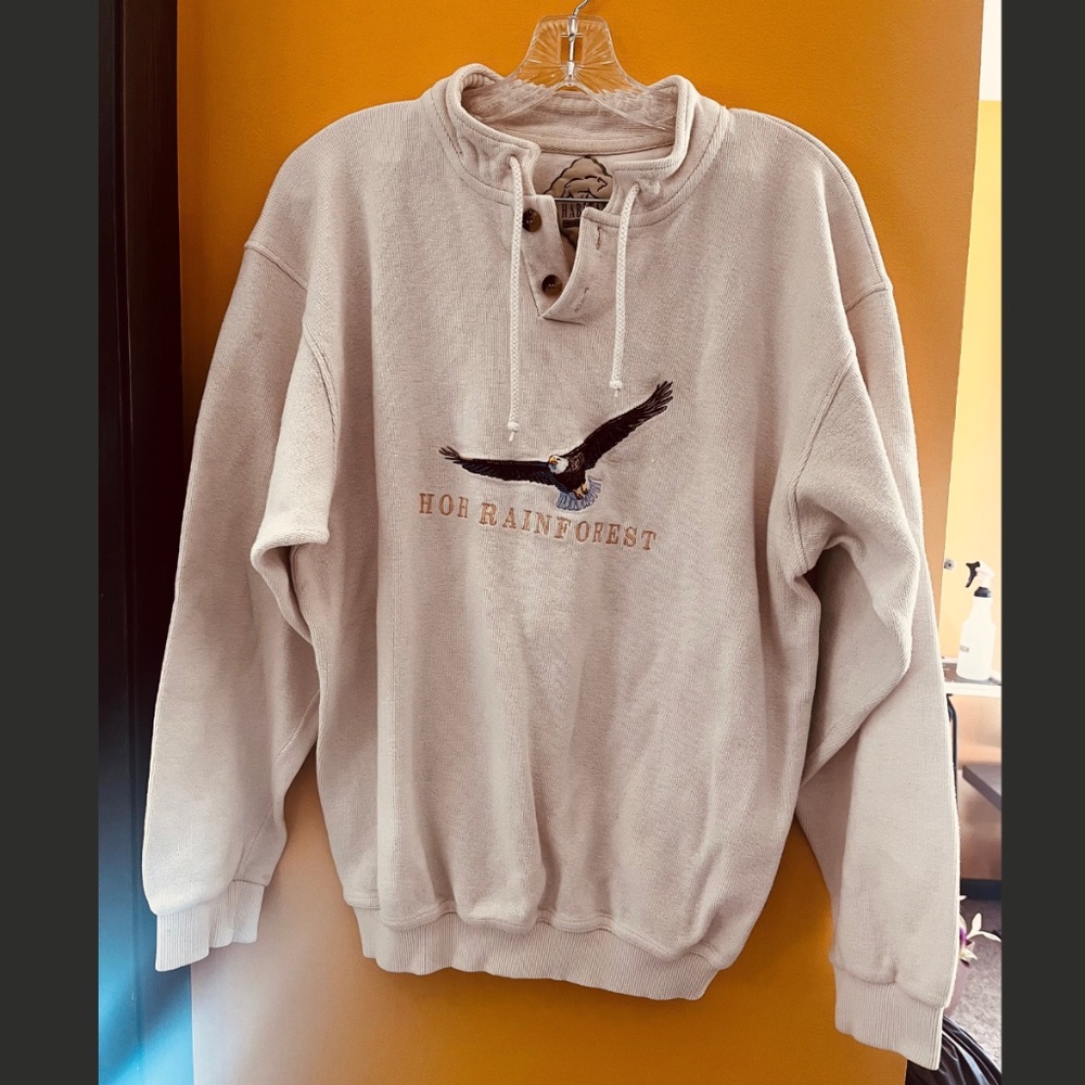 Vtg Y2K Hoh Rainforest Embroidered Eagle Cream Cotton Sweatshirt Unisex Large